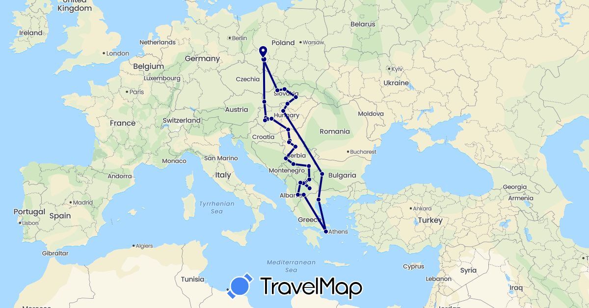 TravelMap itinerary: driving in Bulgaria, Greece, Hungary, Macedonia, Poland, Serbia, Slovakia (Europe)